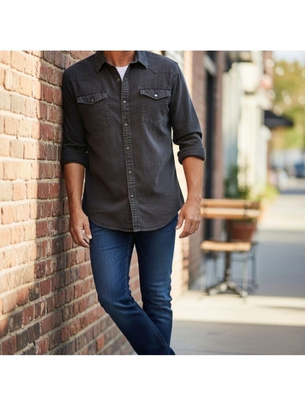 Wrangler Dark Gray Denim Snap Button Up Shirt Large Western Country Rodeo